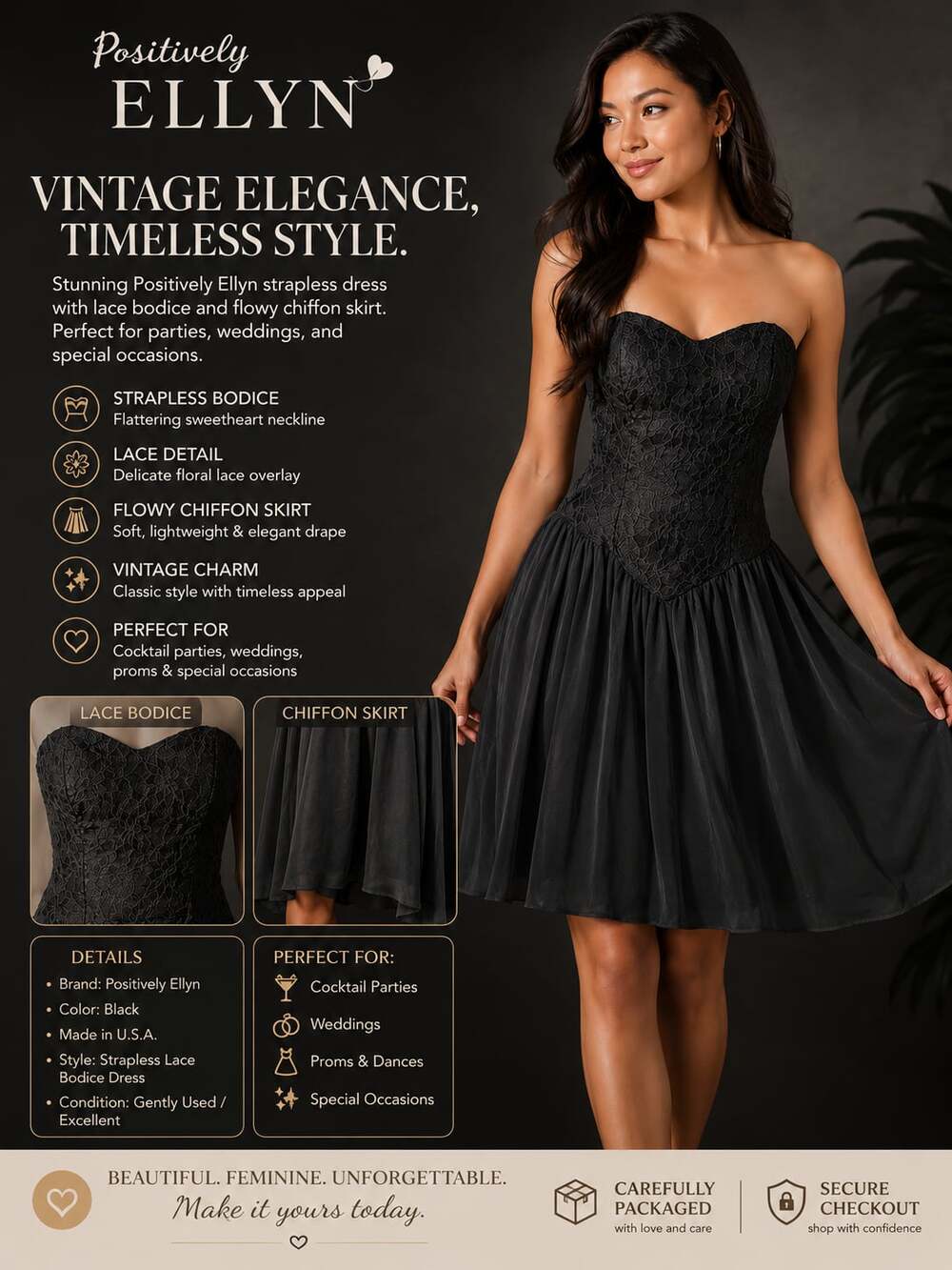 Positively Ellyn Vintage 80s Strapless Lace Bodice Chiffon Dress